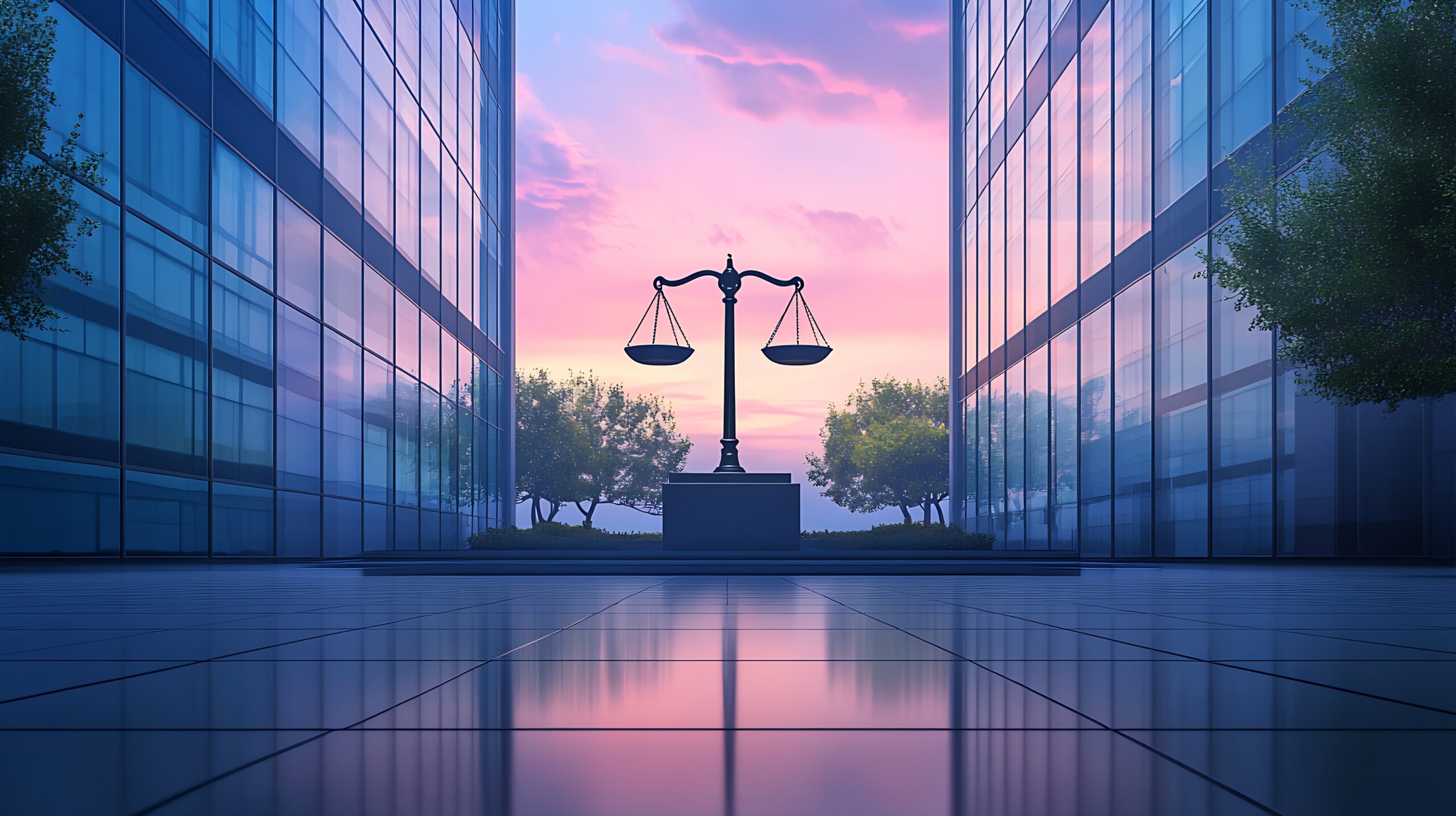 Picturesque sunset reflecting in cityscape with justice scales symbolizing law and fairness : Generative AI